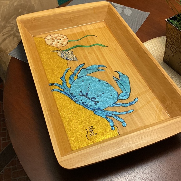 New original Handmade art Bamboo tray with blue crab and sand dollar art